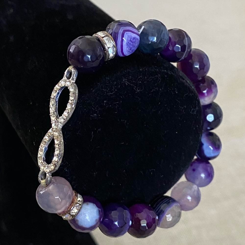 Infinity Stretch Bracelet Purple Glass Beads Clear Crystal Infinity Charm